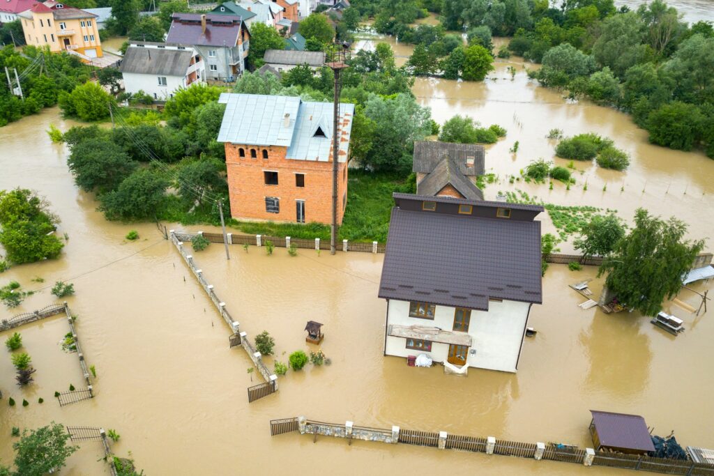 Aerial view of flooded houses with dirty water of Dnister river in Halych town, western Ukraine.