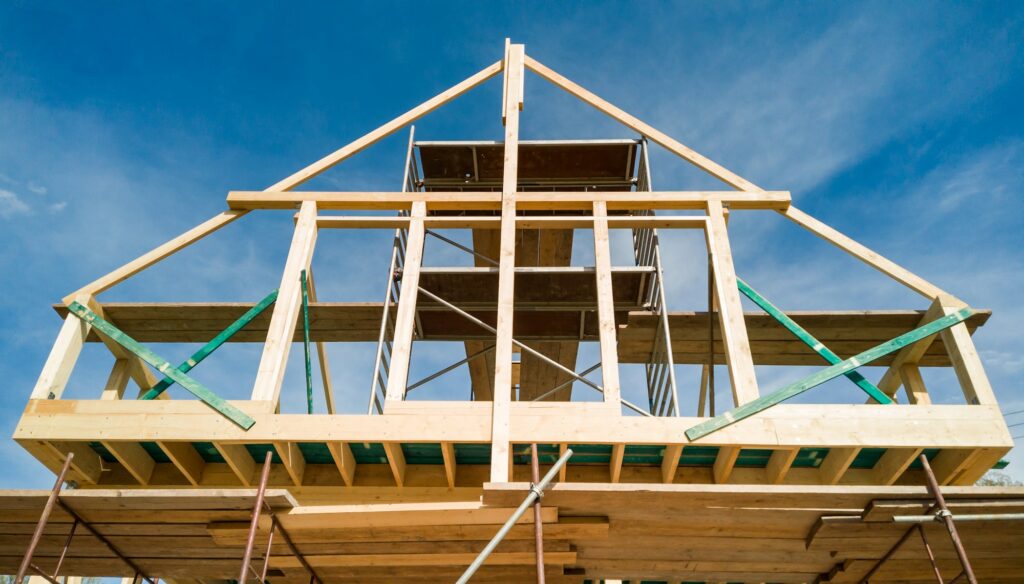 Framing of a new wooden house under construction