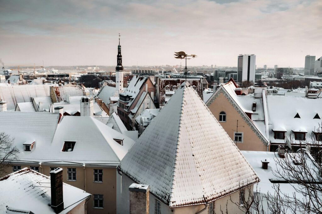 Winter View of the old town of Tallinn.Snow-covered city near the Baltic sea. Estonia